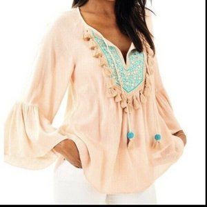 Lilly Pulitzer Shandy Tunic Top Sandstone Turquoise Bell 3/4 Sleeve $168 Large